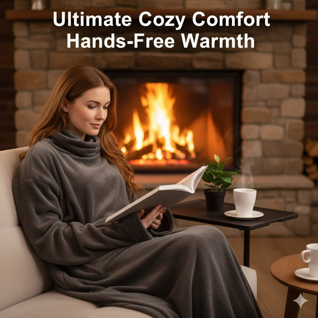 Wearable Flannel Blanket With Sleeves Large Pocket Soft Anti Static Lazy Blanket Home Reading TV Office Winter Warm Cover