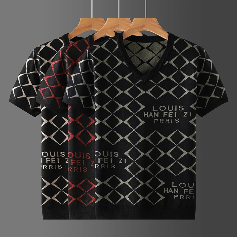 

Модный брендовый вязаный мужской свитер с короткими рукавами и v-образным вырезом, пуловеры, осеннее качество, вискоза, полиамид, эластичные клетчатые Sueters De Hombre