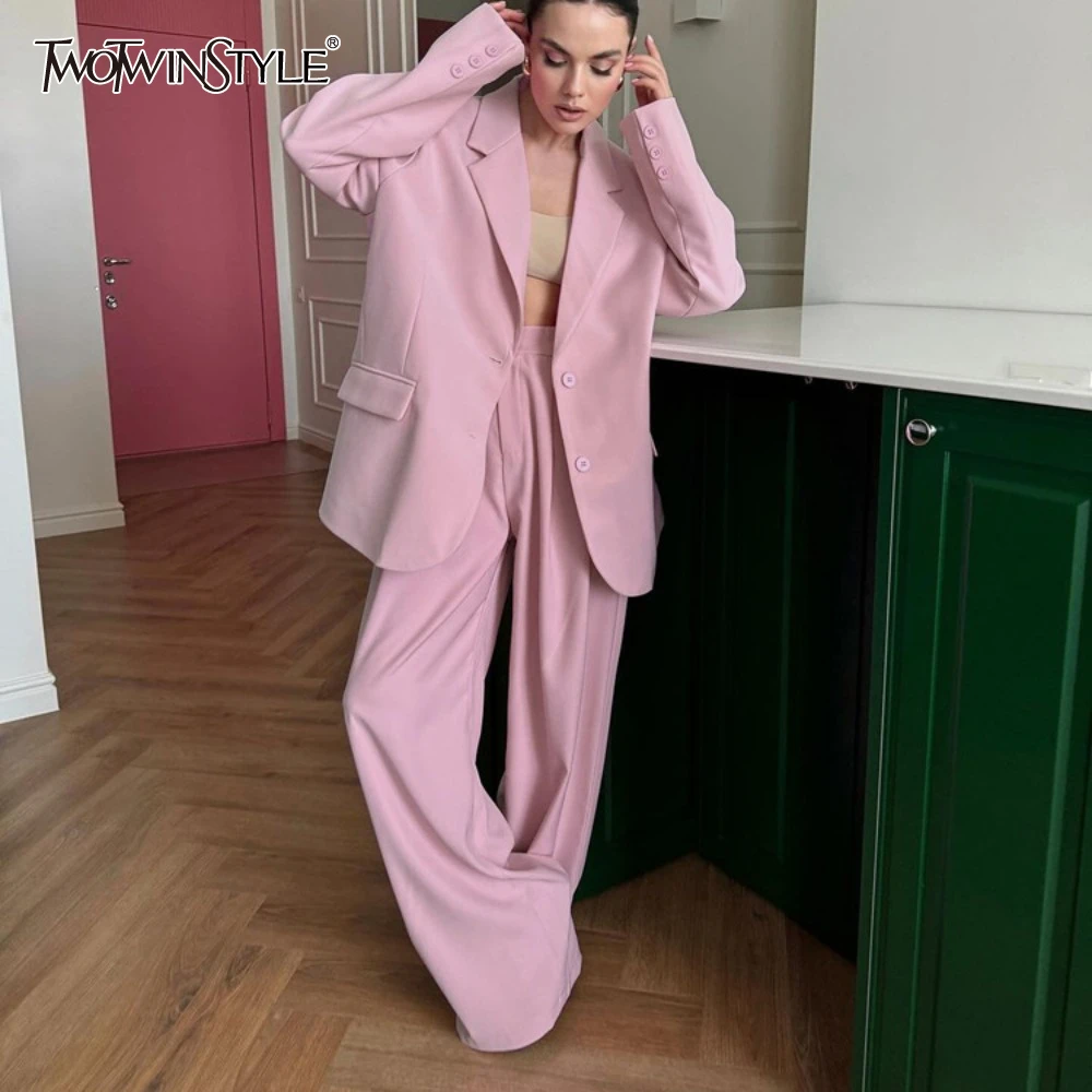 

TWOTWINSTYLE Two Piece Set for Women Lapel Neck Long Sleeve Spliced Singel Breasted Top High Waist Pant Elegant Suit Female New