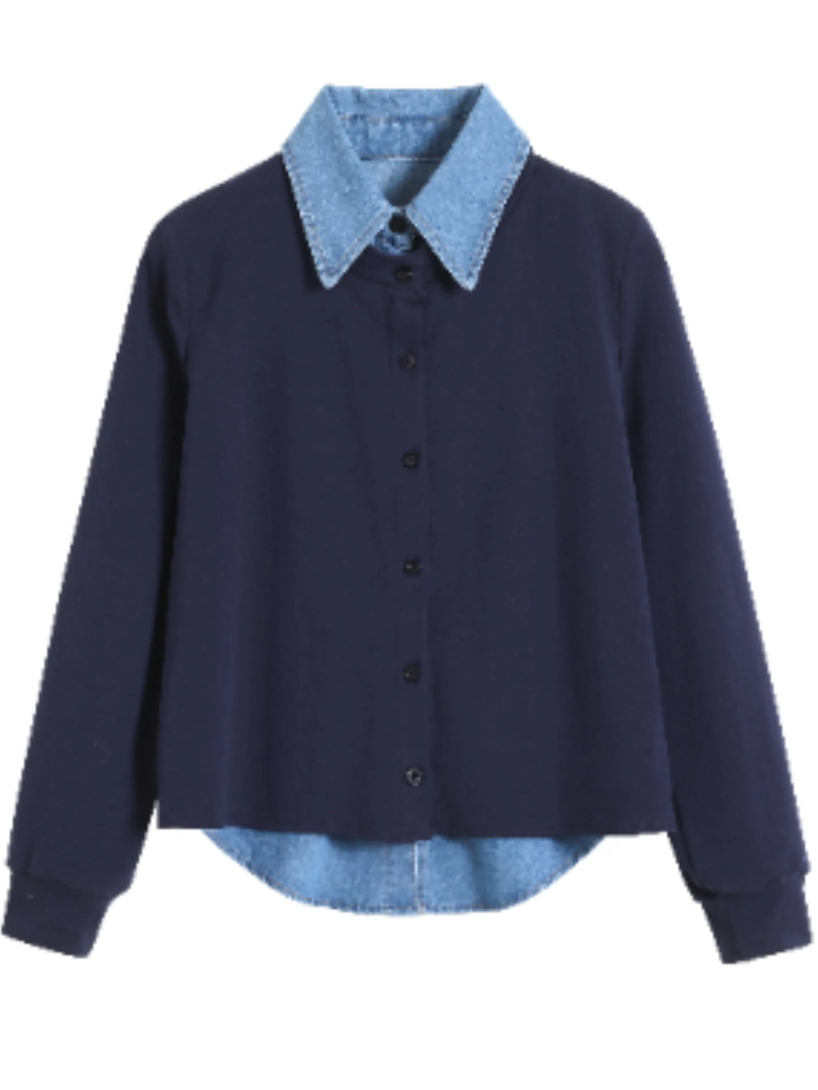 Slimming Design Sense Korean Style Long Sleeve  Neck Denim Patchwork Shirt Women Spring Autumn New Large Size Fat MM Top