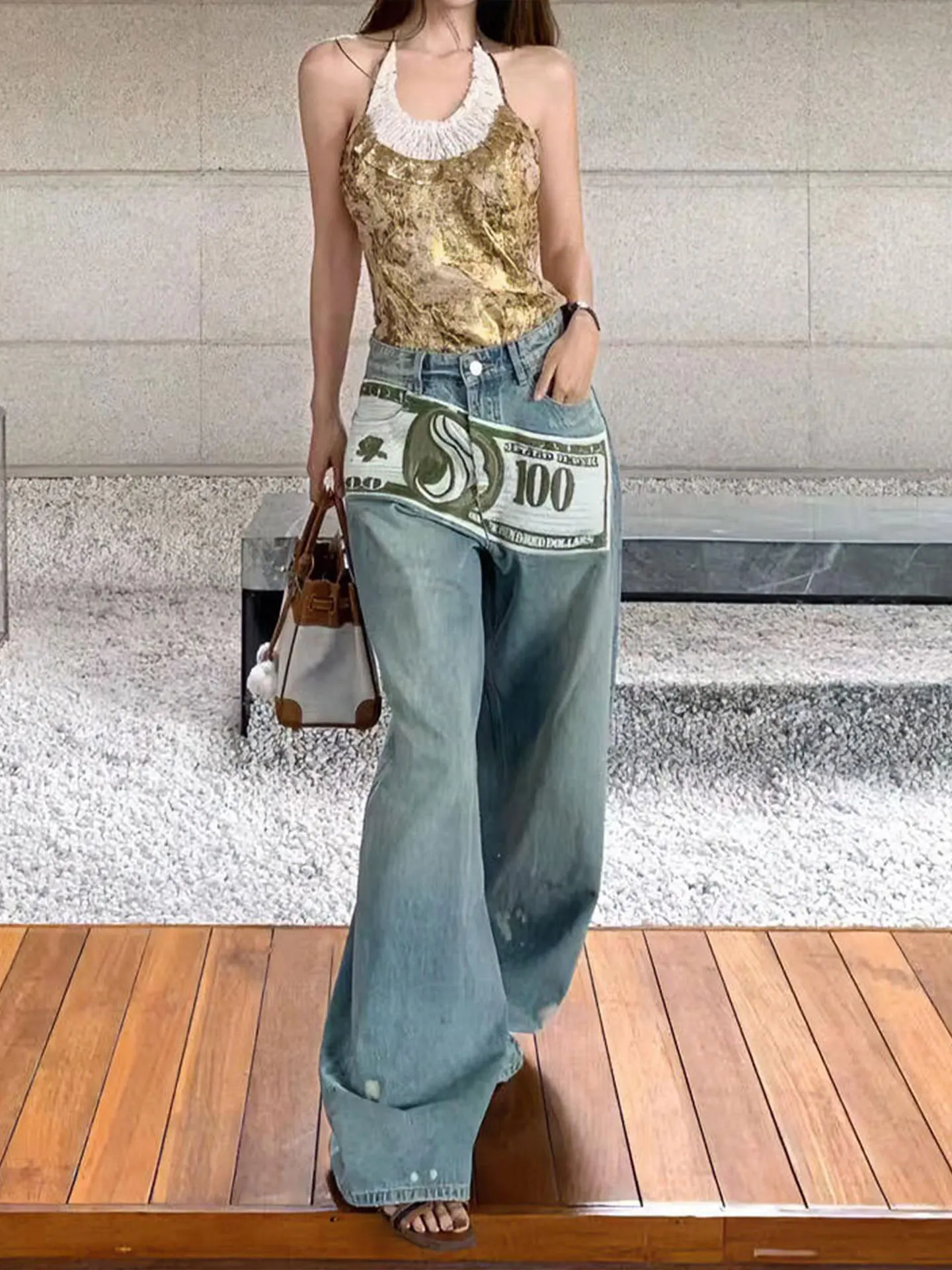 High Waist Wide Leg Jeans Women's Summer Small Size Splashed Ink Straight Leg Long Pants Spicy Style Printed Denim Casual Tro...