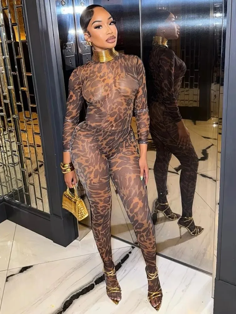 

Joskaa 2025 Women's Leopard Print Two Piece Set Sexy Sheer Mesh Long Sleeve Bodysuit Tight Pants Suits Clothes Club Outfits