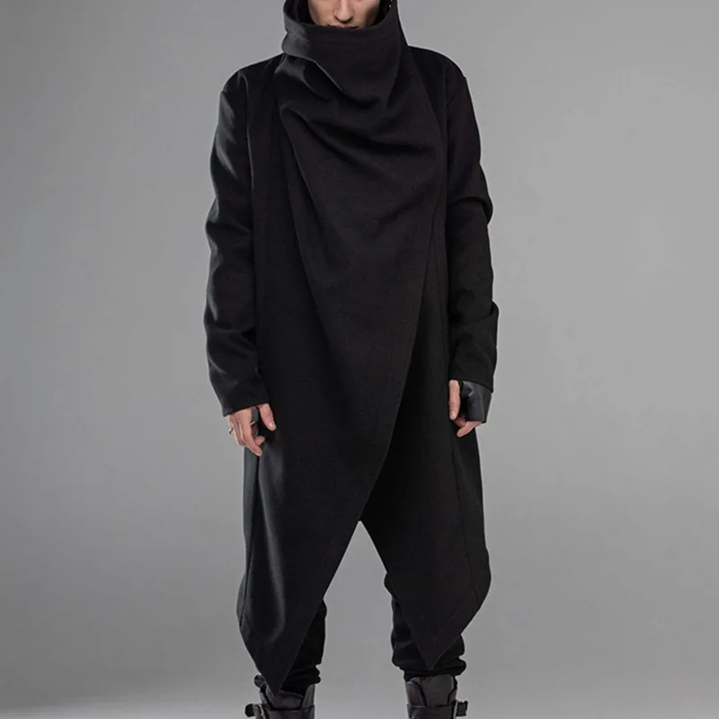Men's Cape Jacket Turtleneck Solid Color Long-sleeved Punk Irregular Trench Coat Winter Thickened Men's Clothing