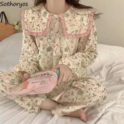 Pajama Sets Women Delicate Ruched Floral Designed Peter Pan Collar Sweet Vintage French Stylre Home Lounge Autumn New Hot Sale