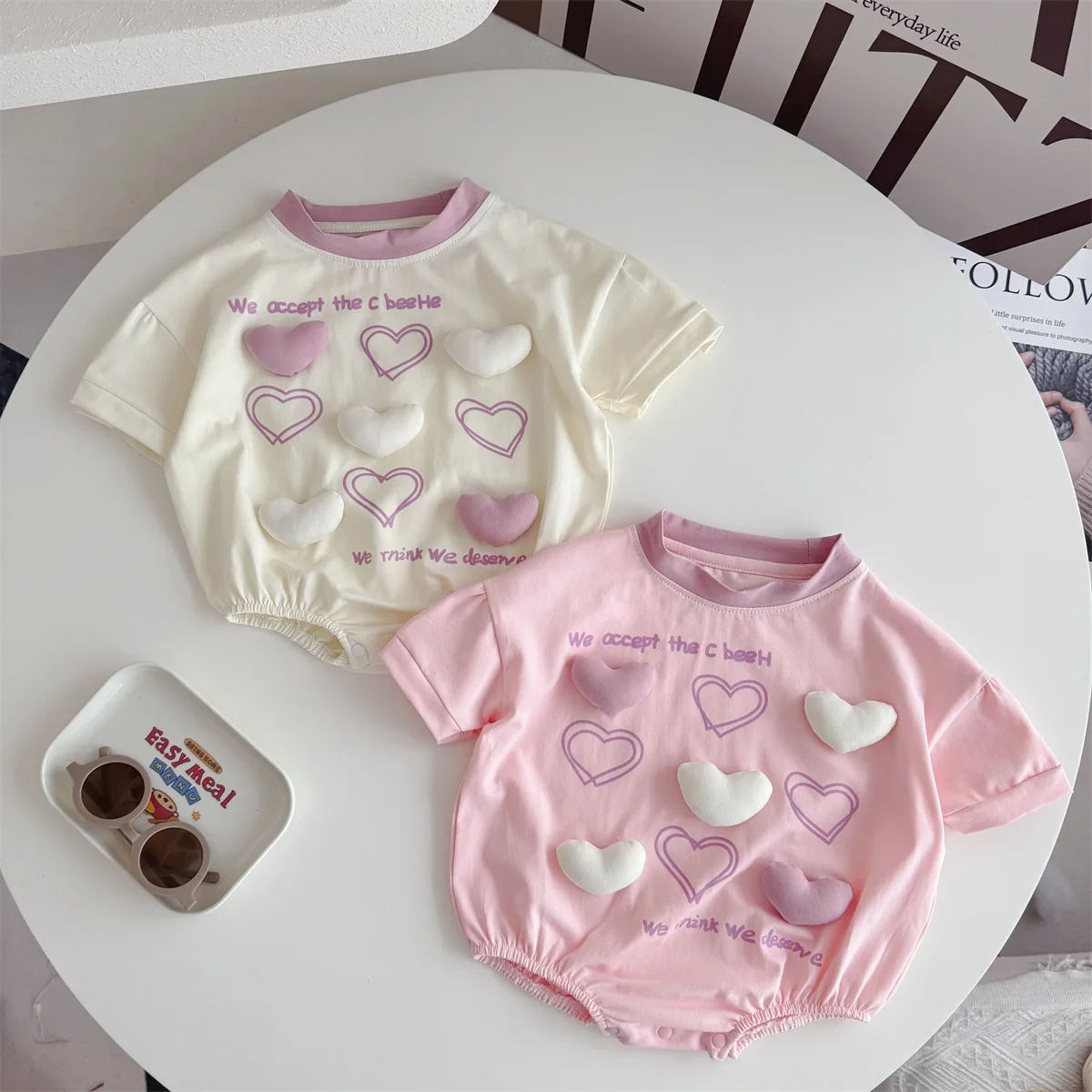 Solid-Color 3D Heart-Print Triangular Rompers for Baby Girls—Spring/Summer Short-Sleeve Rompers for Infant Girls, Ages 0–1