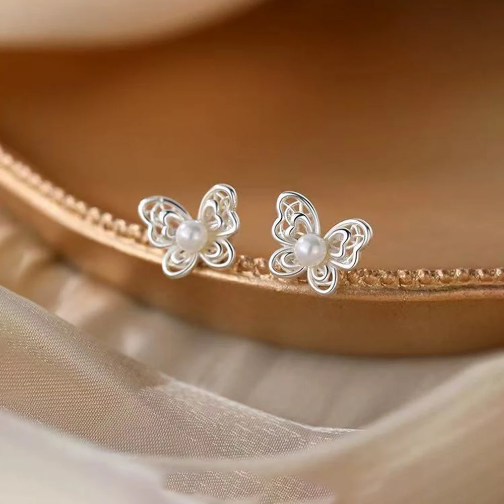 

925 Silver Needle Pearl Butterfly Bead Screw Stud Earrings For Women Party Classic Fine Jewelry Light Luxury Insect Accessories