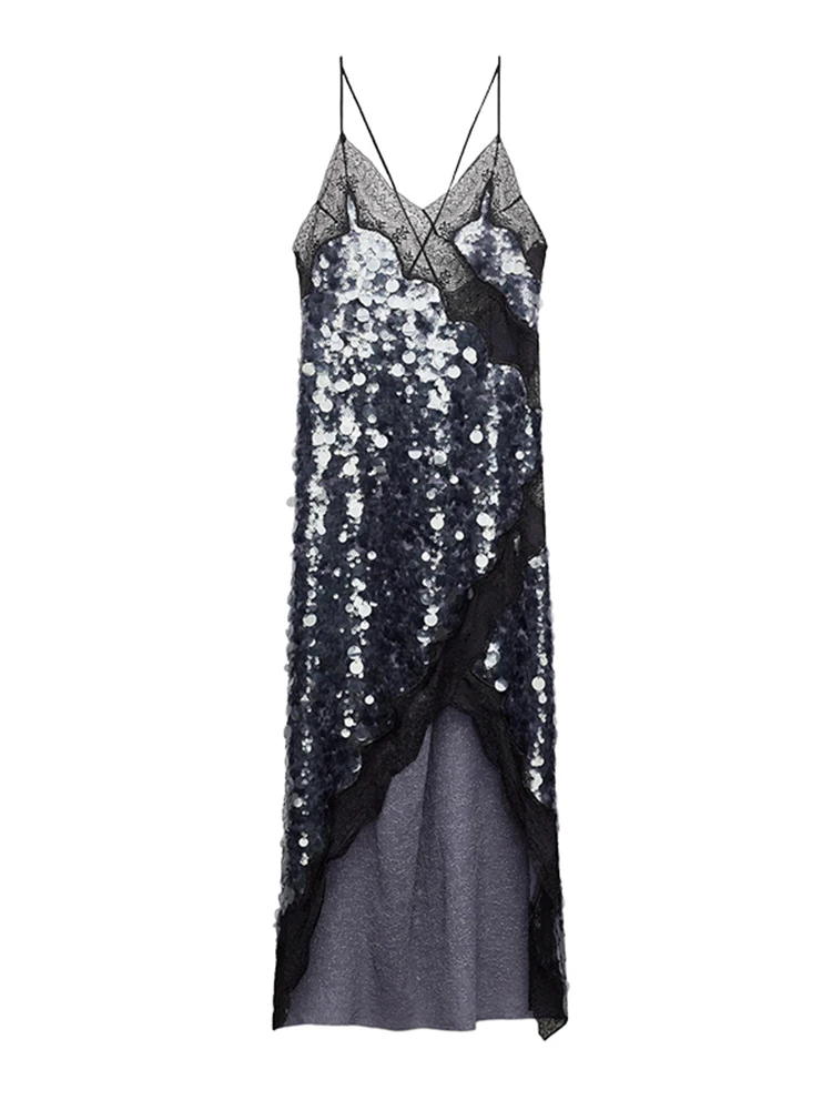

Women's Spaghetti Strap Sequin Dress with Lace Panel Sexy Deep V Neck Sleeveless Asymmetric Hem Bodycon Evening Lady Party Gown
