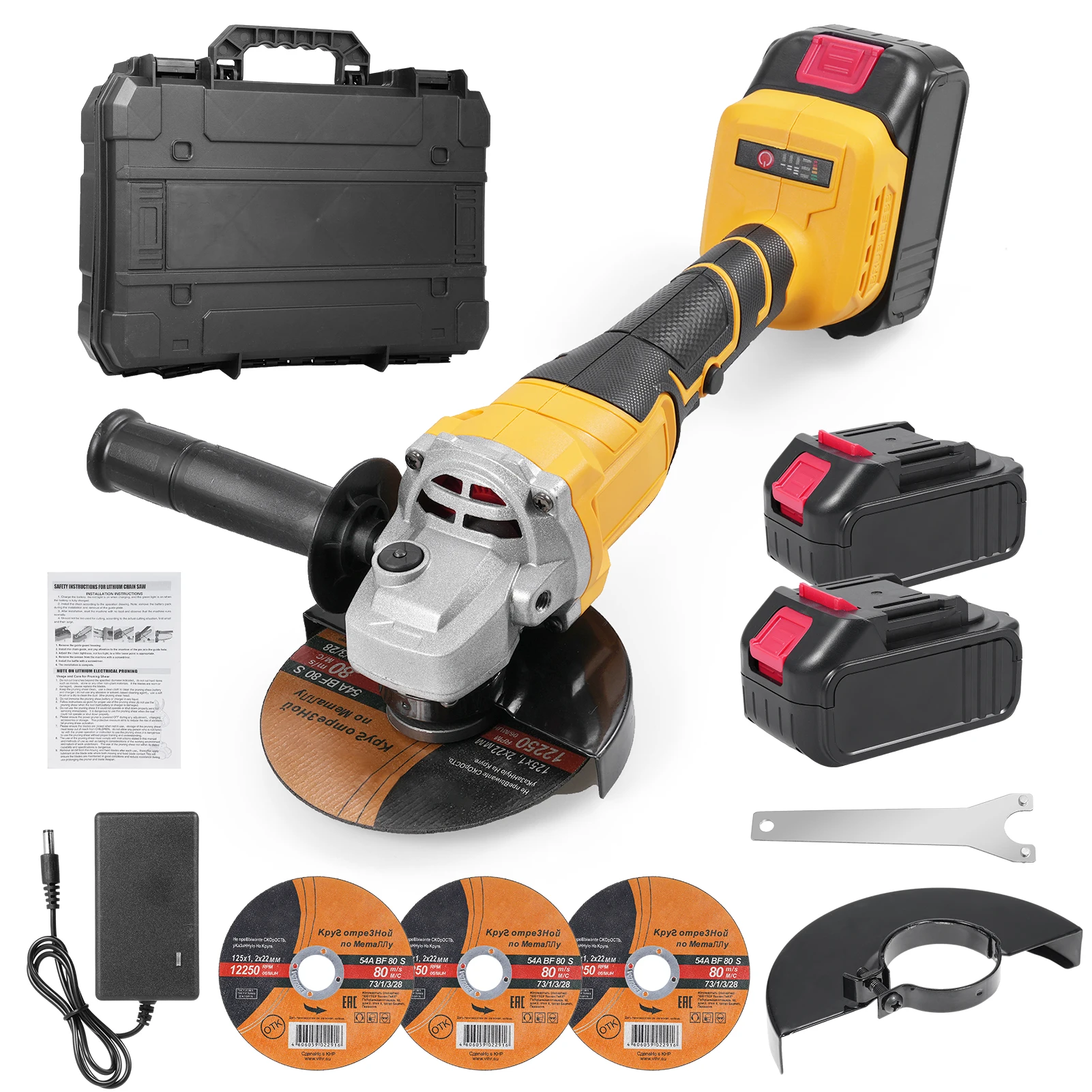 

21V 125mm Angle Grinder Brushless Motor Multifunctional Electric Grinding Tool with 3pcs 5'' Cutting Wheel 2pcs Lithium Battery