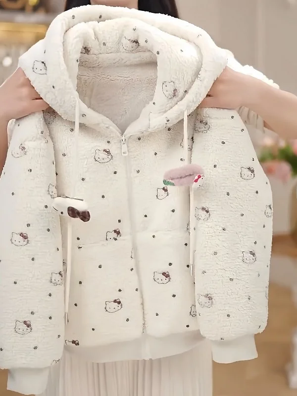 

Girls Winter Faionable Lamb Velvet Coat Cartoon Thiened Rabbit Fur Lined Hooded Cotton Jaet Sweet Sle Long Sve Zipper