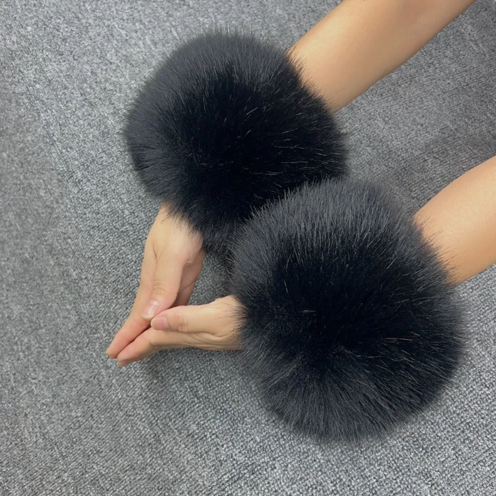 1 Pair Trendy Fluffy Faux Fox Fur Cuffs Soft Removable Arm Warmers Detachable Sleeve Windproof Furry Gloves Cuffs Women