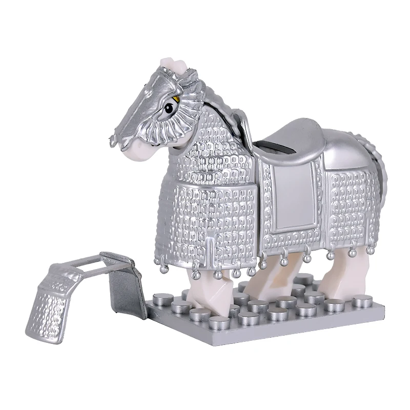 Medieval Movie Middle Ages Knights Silver War Horse Heavy Cavalry Warriors Warhorse Figures Building Blocks Bricks Toys Kid gift