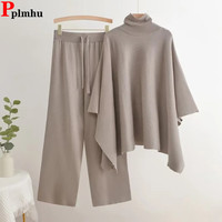 Korean Chic Knitted 2 Piece Sets Women Turtleneck Long Sleeve Knitwears Sweater Conjuntos Casual High Waist Sweatpants Outfit