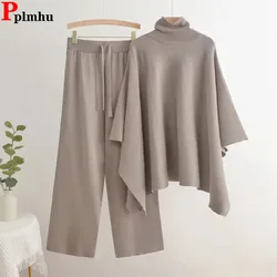 Korean Chic Knitted 2 Piece Sets Women Turtleneck Long Sleeve Knitwears Sweater Conjuntos Casual High Waist Sweatpants Outfit