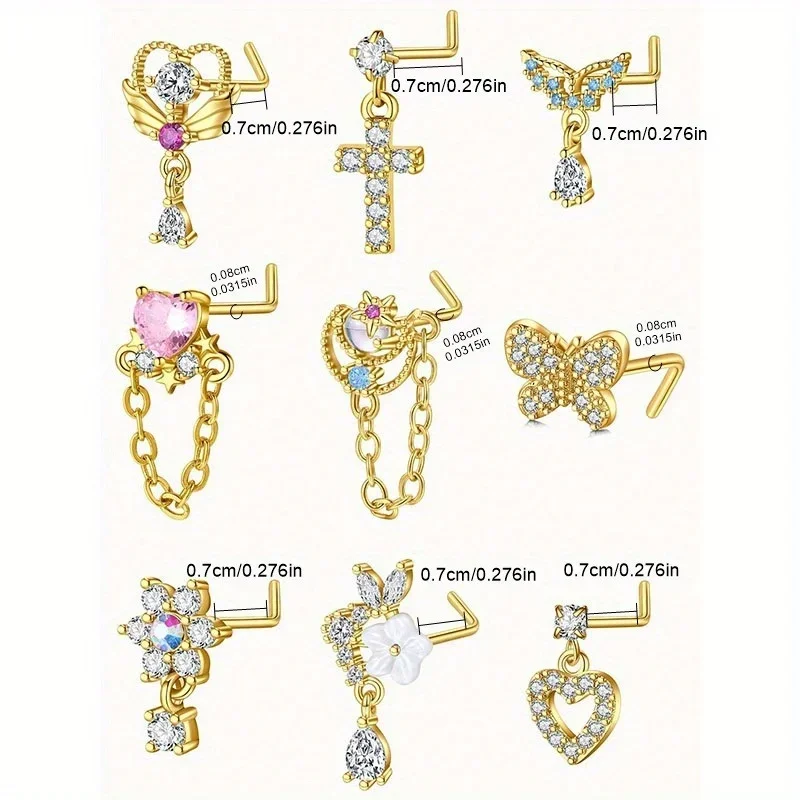12pc Nose Rings Nose Stud Rings L Shaped Nose Stud Nose Ring Studs Flower Heart Butterfly Moon CZ Dangle  Body Piercing Jewelry view 2