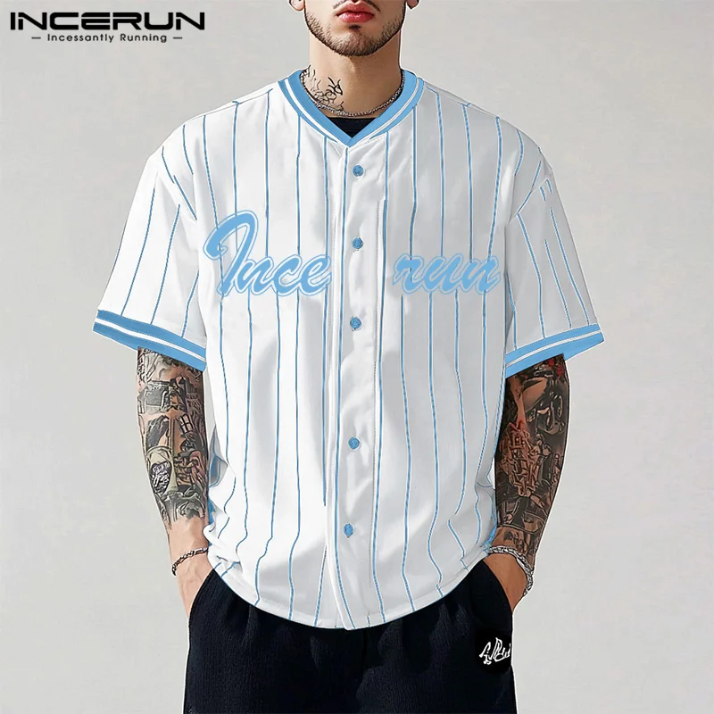 INCERUN Tops American Style Fashion Men Striped Printed Contrast Splicing Shirt Casual Personality Hot Sale Short Sleeved Blouse