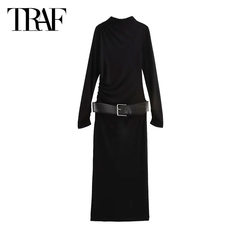 TRAF Black Slim Fit Long Dresses Women\'s 2024 Autumn Elegant Belt Pleated Dresses Ladies Fashion Casual Long Sleeve Dresses