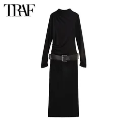 TRAF Black Slim Fit Long Dresses Women's 2024 Autumn Elegant Belt Pleated Dresses Ladies Fashion Casual Long Sleeve Dresses