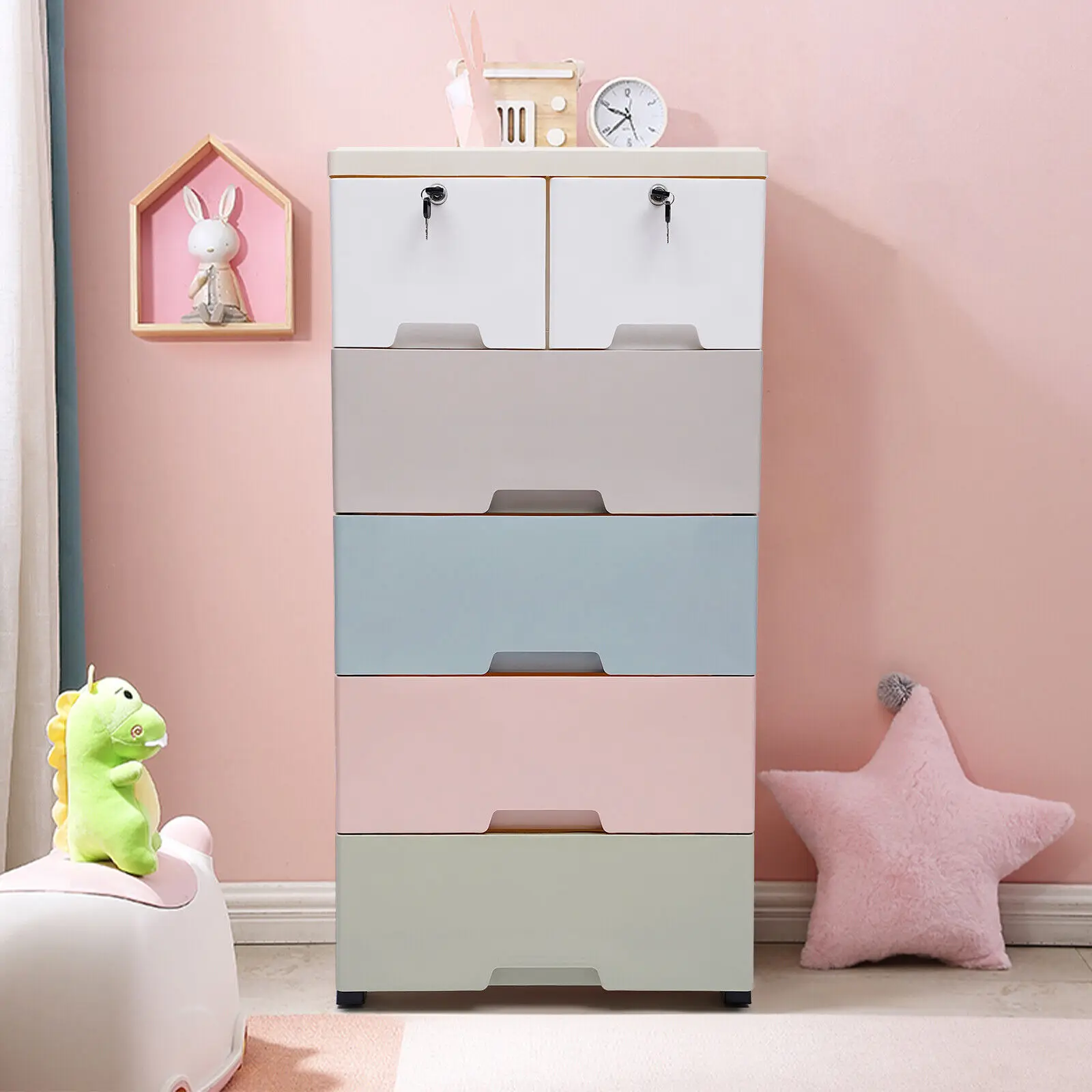 

5-Story 6-Drawer Large-capacity PP Locker Seamless Integrated Macaroon Color Wardrobe With Lock Movable Storage Box With Rollers