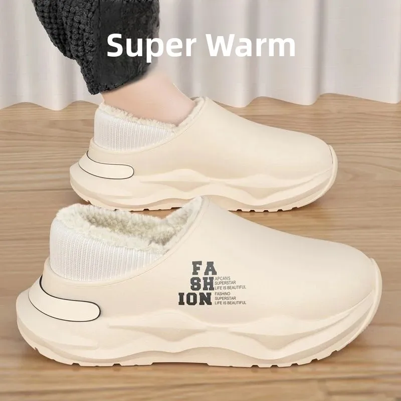 Waterproof Cotton Slippers for Men Winter Thick Bottom Warm Fleece Inner Slip-On EVA Sole Anti-Slip Soft Surface Male Footwear
