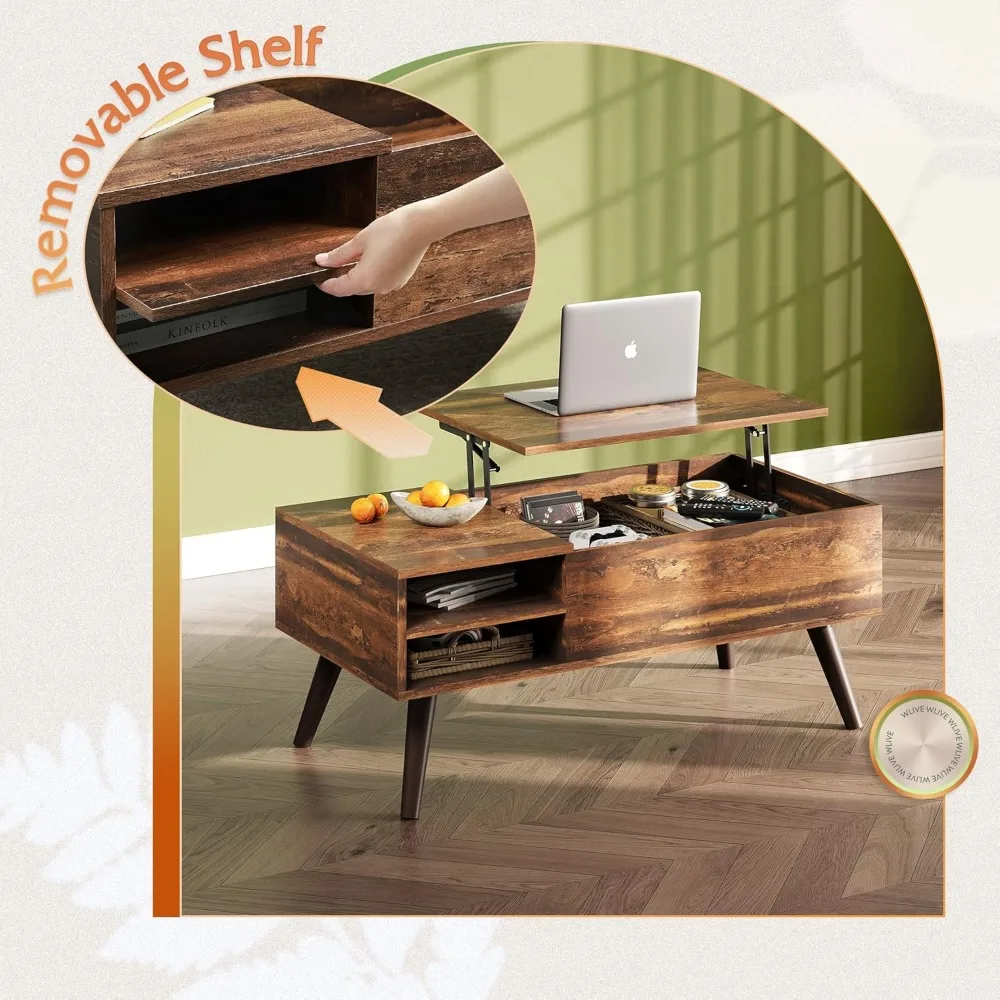 Mesa de centro elevable de madera con compartimento oculto