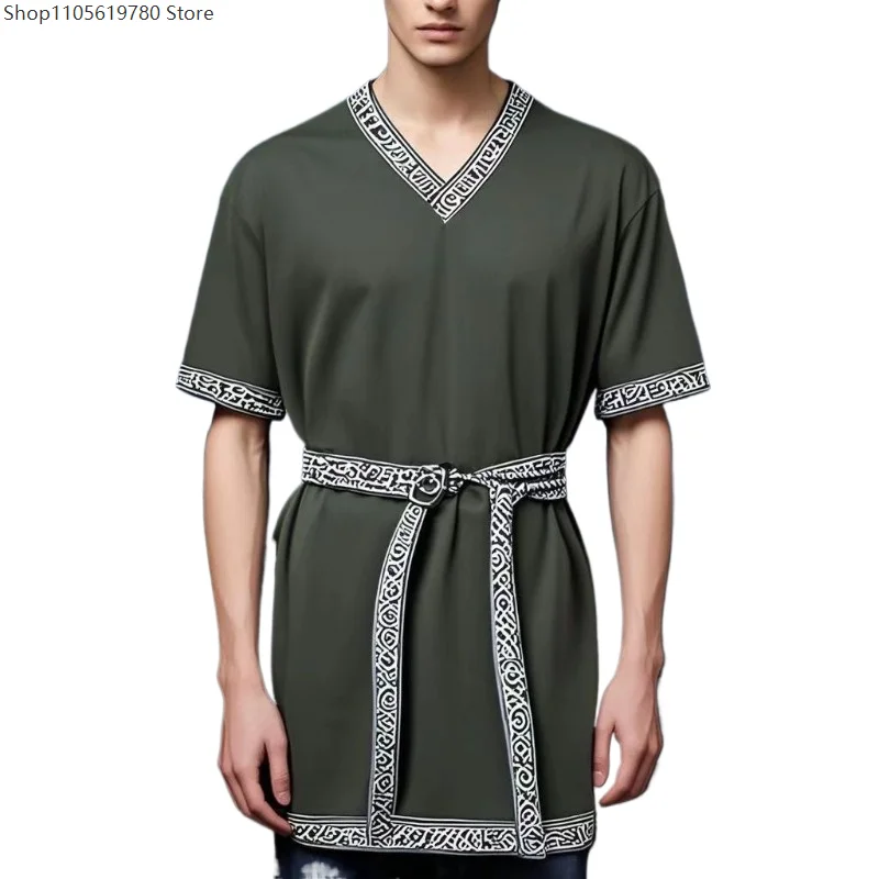 Loose Cut V‑Neck Short Sleeve Cosplay T‑Shirt Cotton Linen Breathable Casual Top Men Holiday Outfit For Live Show Occasion