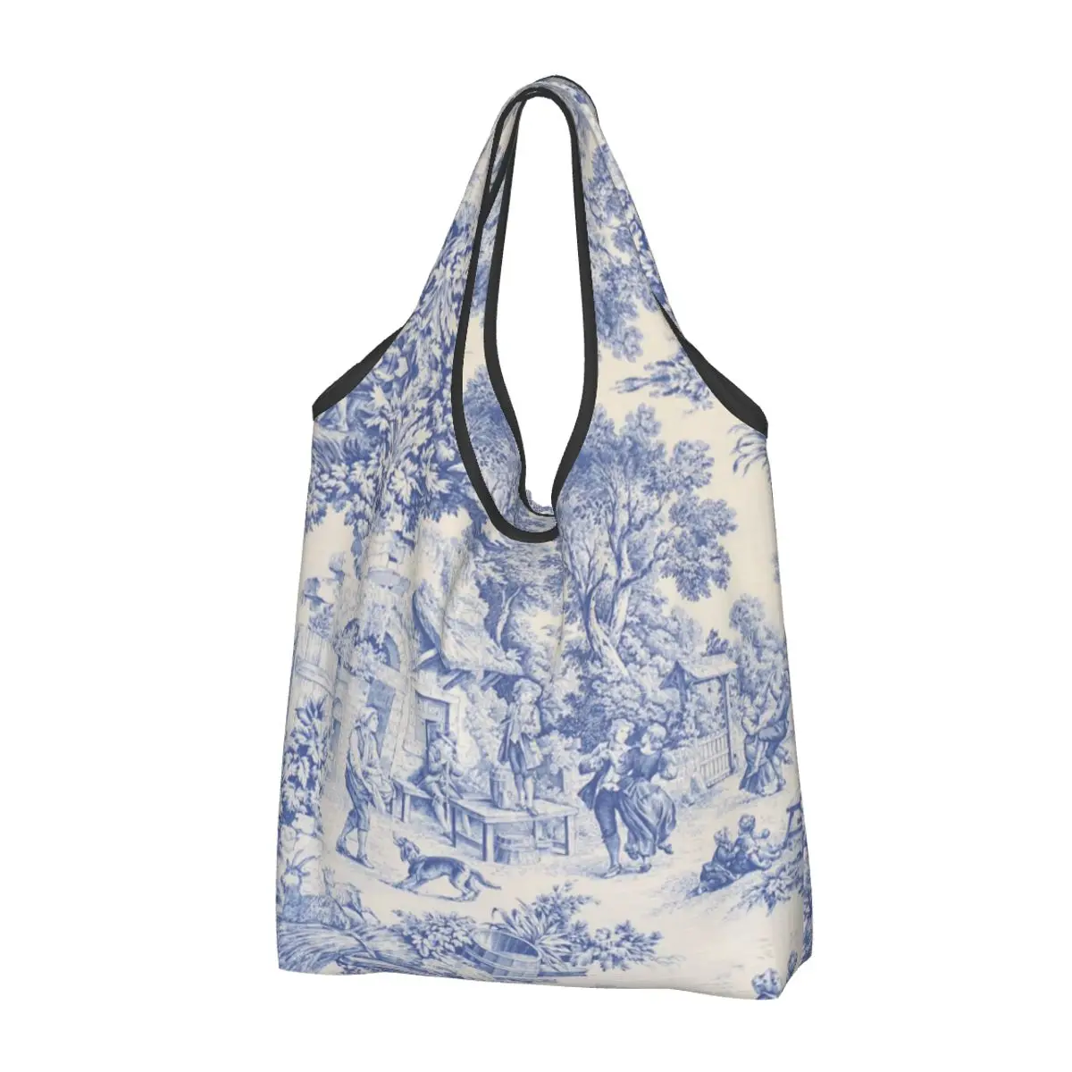 Cute Printing Vintage Classic French Toile De Jouy Navy Blue Motif Pattern Shopping Tote Bags Portable Shoulder Shopper Handbag