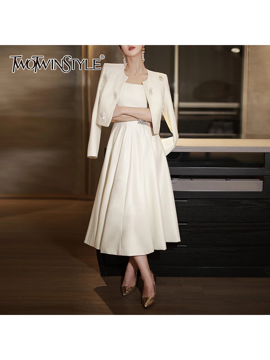 

TWOTWINSTYL Temperament Two Piece Sets for Women O Neck Long Sleeves Spliced Bead Jacket Square Neck Sleeveless Dress Set Female