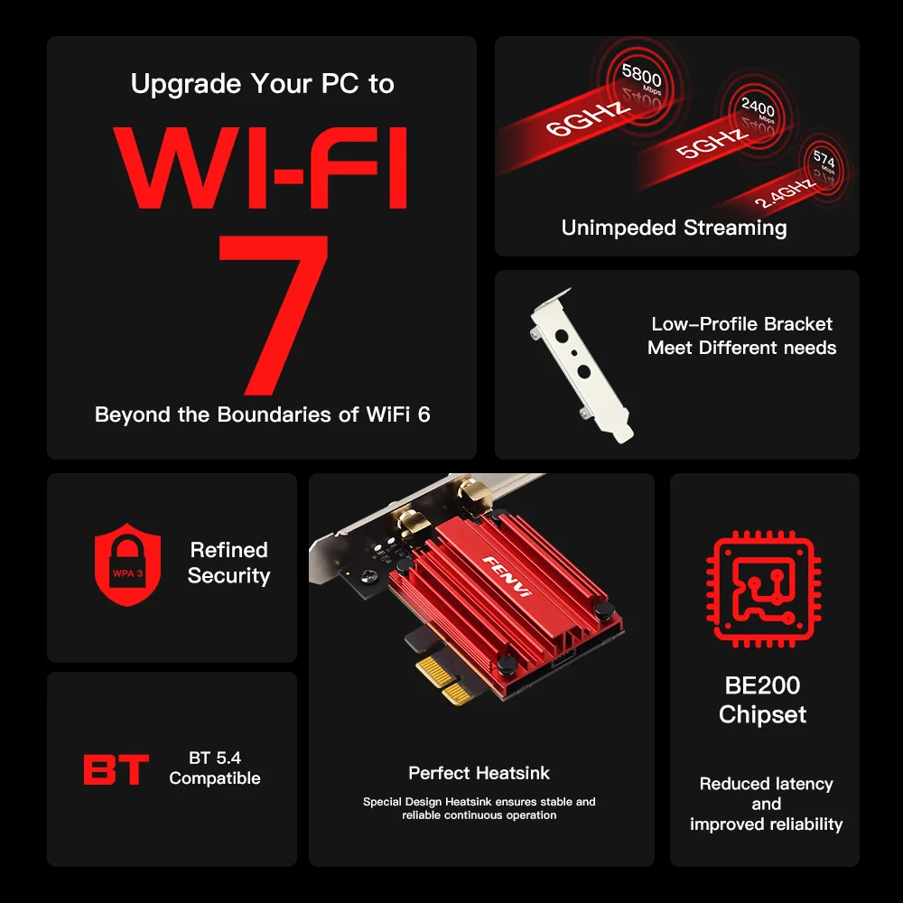 Wifi 7 PCIE Wireless BE200 Adapter Bluteooth 5.4 Tri Band 2.4G/5G/6Ghz 8774Mbps 802.11AX Network Card Windows 10/11 PC Desktop