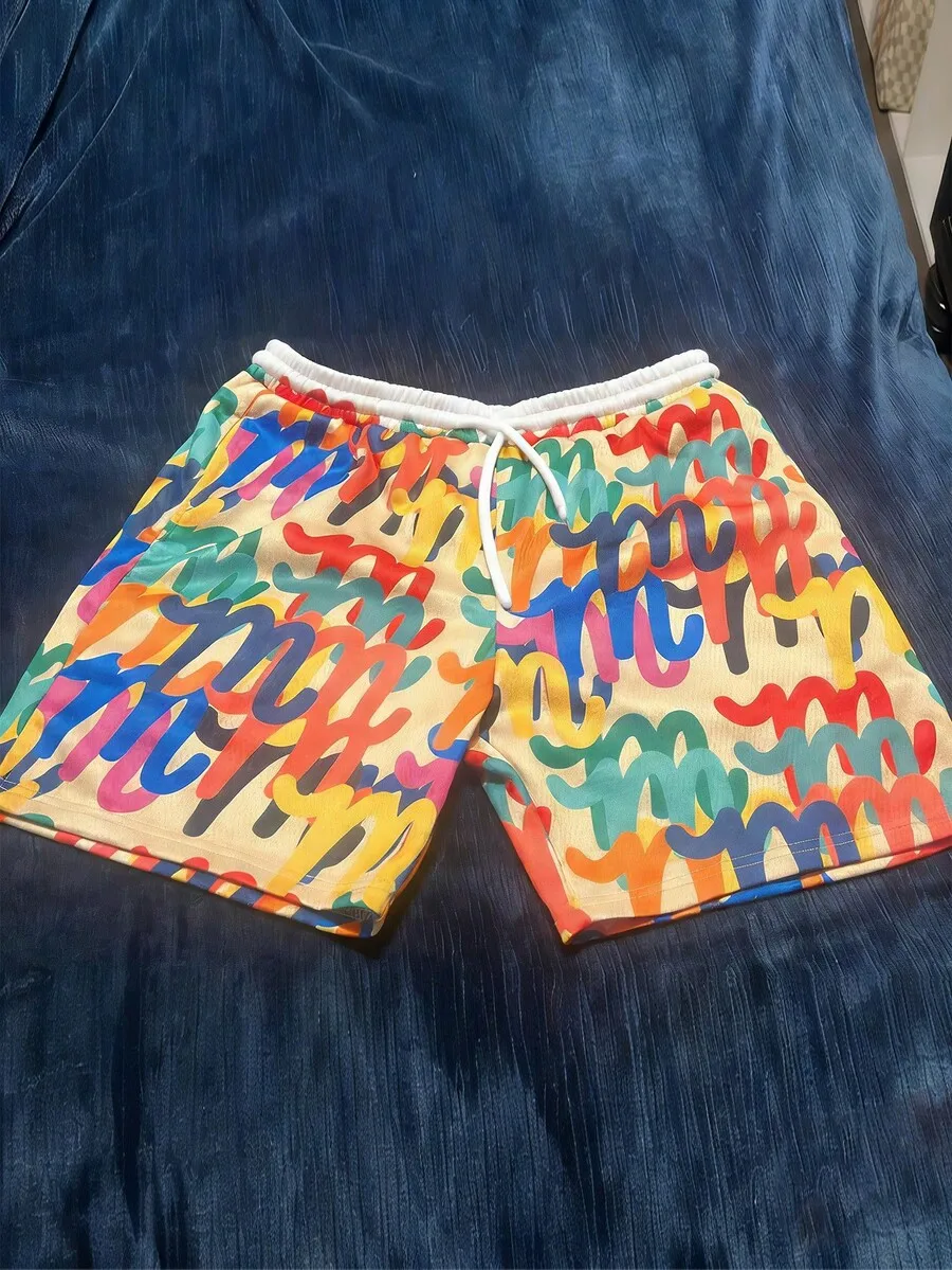 

Mens Colorful Abstract Print Casual Shorts With Drawstring Waist