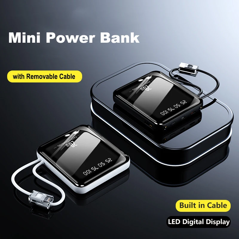 

20000mAh Mini Power Bank Fast Charge With Cable Portable External Battery Charger For iPhone 17 Samsung Huawei Xiaomi Powerbank