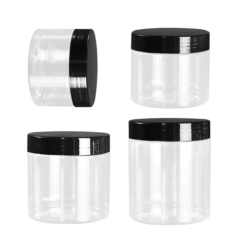 24Pcs 68Dia. 120ml 150ml 200ml 250ml Refillable Clear Empty Pot Cream Jar Black Lid Packaging Cosmetic Container Plastic Jars