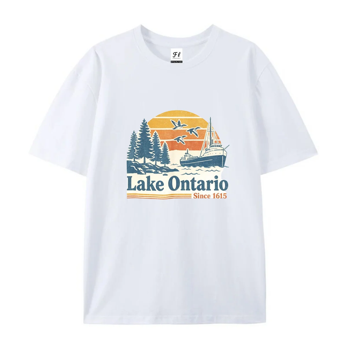 Vintage Lake Landscape Boat Graphic T Shirt Men Women Casual Short Sleeve Tees Retro Sunset Forest Tree Print Summer Cotton Tops