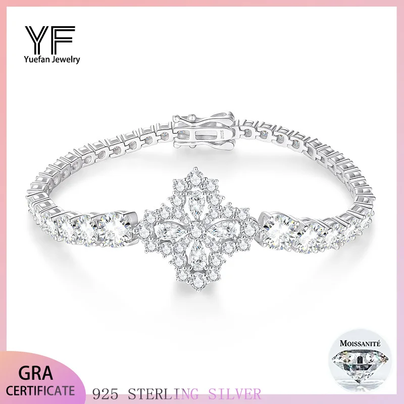 

S925 Sterling Silver Moissanite Bracelet D Color VVS Certified Women's Flower Design 18K White Gold Plated Jewelry Accessory