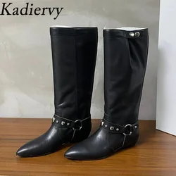 Luxury Quality Cow Suede Western Cowboy Boots Women Belt Buckle Rivet Decor Flat Shoes Woman Pointed Toe Knee High Boots Woman