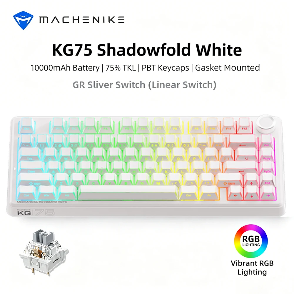 MACHENIKE KG75 Wireless 75% Mechanical Keyboard 10000mAh Triple Mode BT 2.4G USB-C Hot Swap Gasket RGB Gaming Knob PBT Keycaps