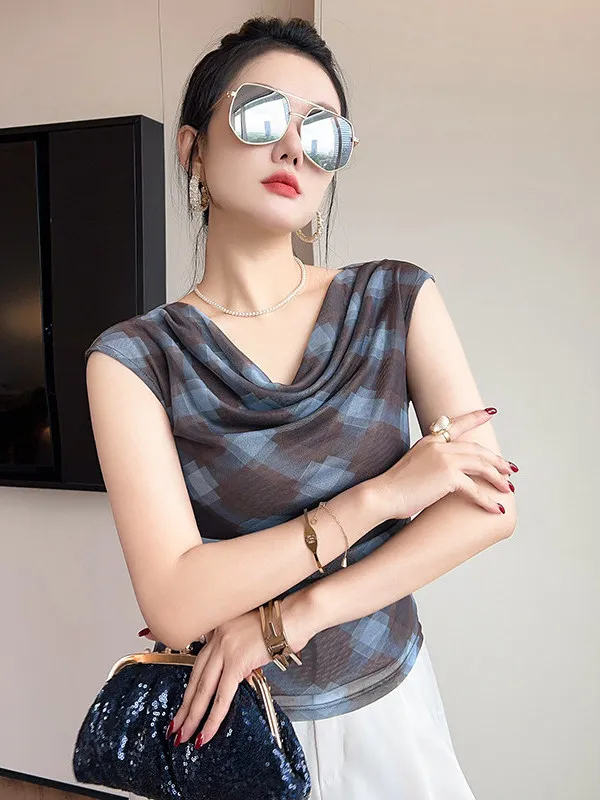 Summer 2026 Women's Sleeveless Mesh Slim Fit Printed Fashion Pleated High-End Feeling Top Small Audience A-Line Narrow Strap ...
