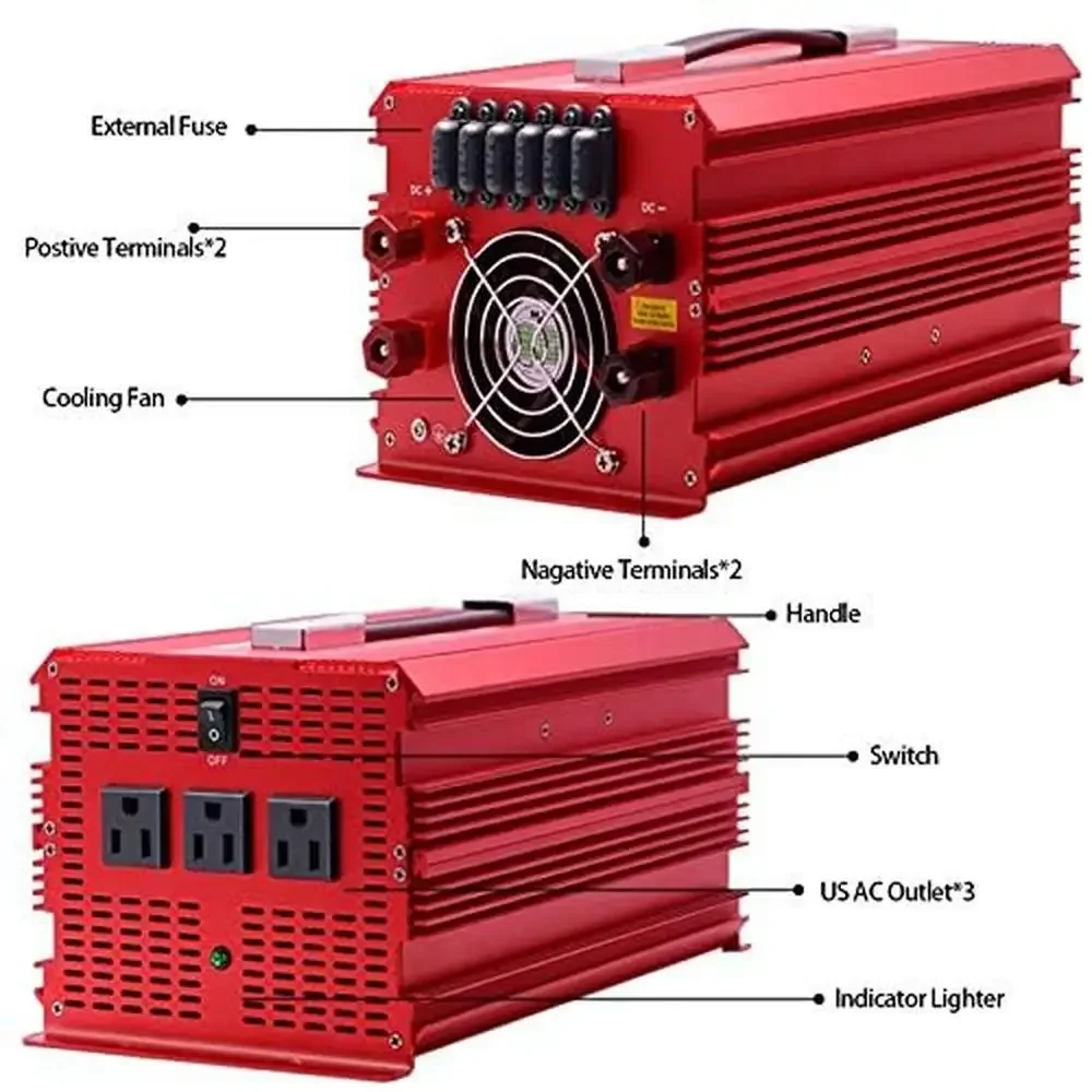 2000W Power Inverter 3 AC Outlets Car Power Converter Camping Supply ETL Listed Surge Start Peak 3 110V AC Outlets Supply