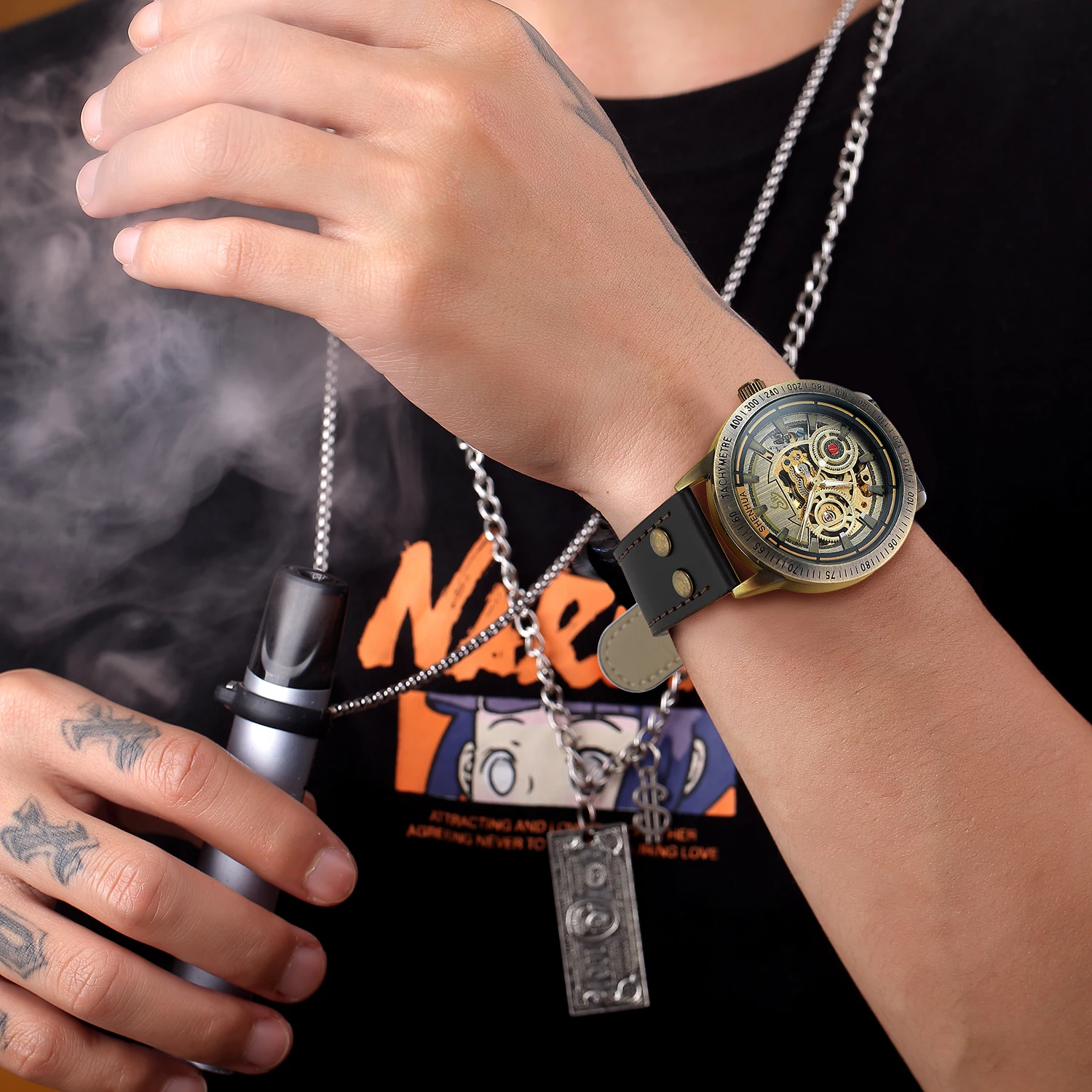 SHENHUA جديد ريترو خمر البرونزية الهيكل العظمي التلقائي ساعة ميكانيكية العلامة التجارية الفاخرة الرجال الساعات مقاوم للماء ساعة مضيئة