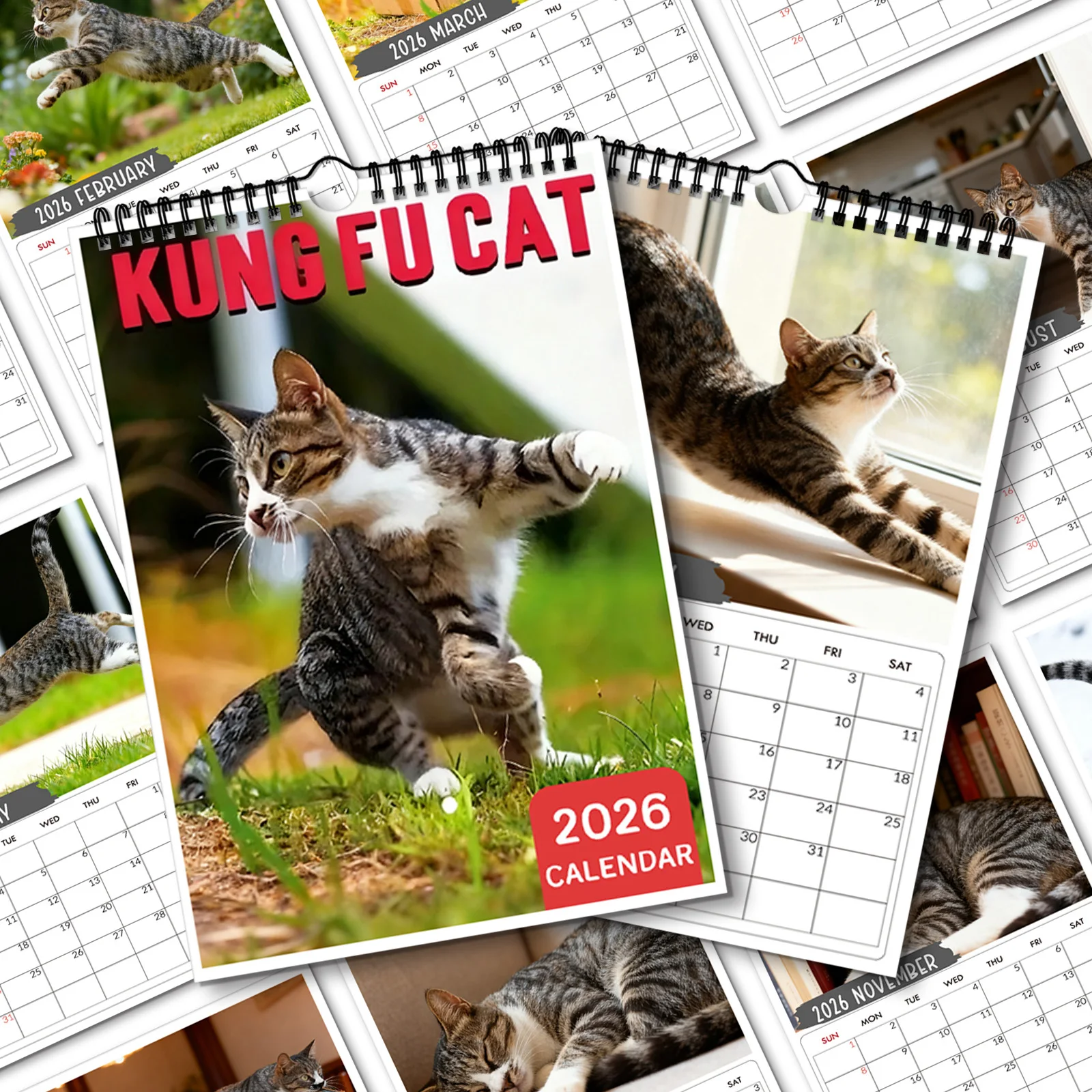 1 ชิ้น 2026 ปฏิทินติดผนัง,ธีมแมวกังฟู,เหมาะสำหรับตกแต่งบ้านและสำนักงาน,ภาพประกอบที่สวยงาม,การออกแบบที่สนุกสนาน,การพิมพ์คุณภาพสูง