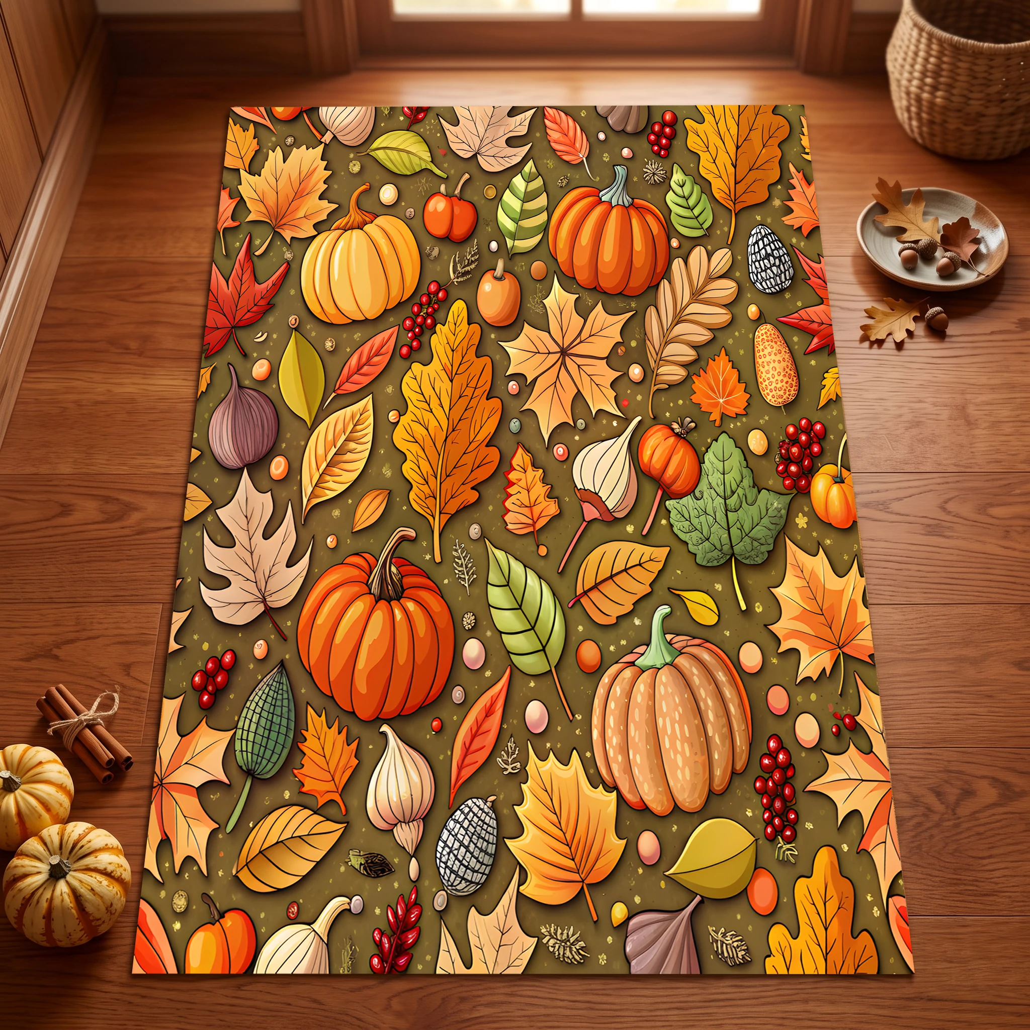 Velvet Rug Pumpkin Autumn Leaf Berry All over Retro Forest Style for Entryway Living Room Bedroom Decor
