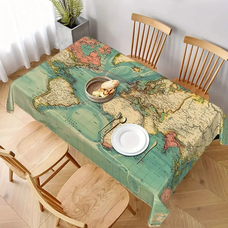 VIKAMA Vintage Green World Map Rectangular Tablecloth, Waterproof Washable Nautical Dining Table Cover Home Decor