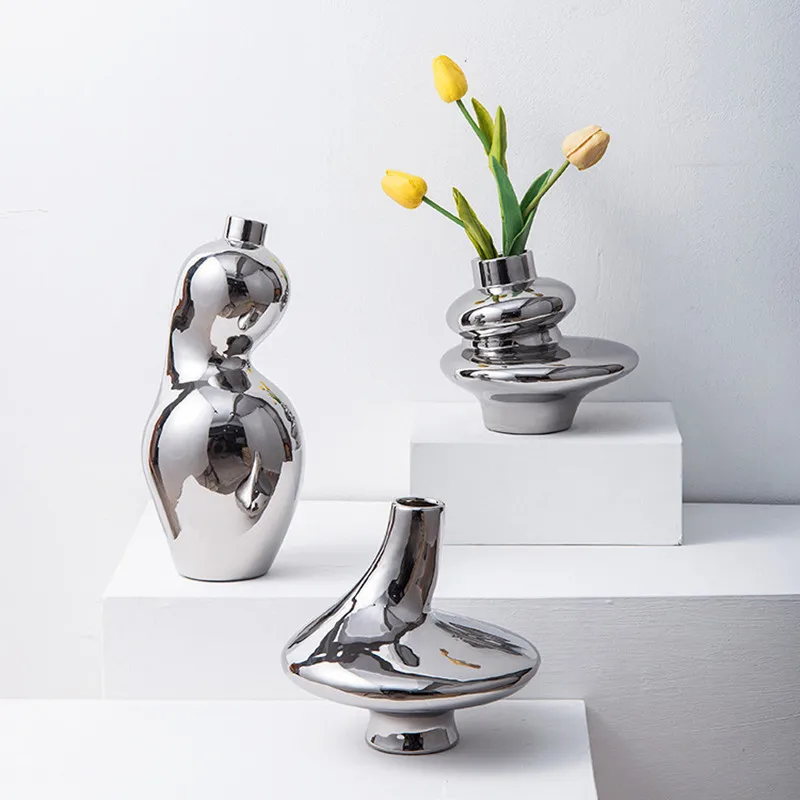 Silver Vase Irregular Ceramic Ornaments Flower Arrangement Accessories Vases Pots Room
