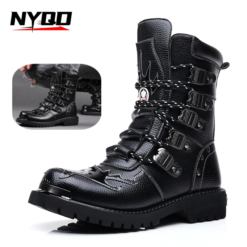 

Botas Para Motociclista Hombre 2021 Fashion Mid-Calf Punk Rock Punk Shoes Mens PU Leather Black High Top Casual Boot Man