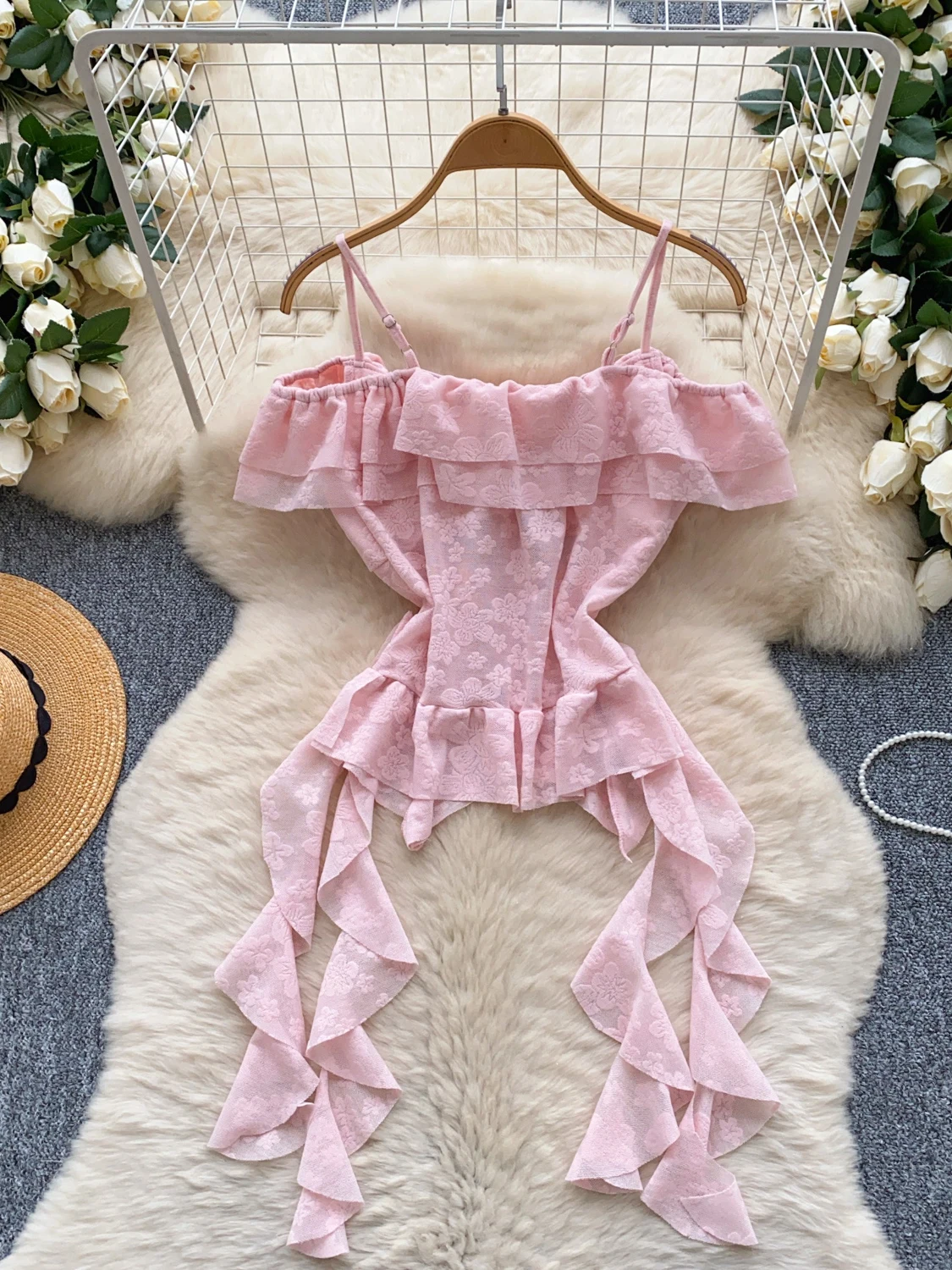 

Design Sensation Irregular Hem Slim Fit oulder Bared Bell Sve Women's irt Korean Sle Commute Pure Desire Summer Top