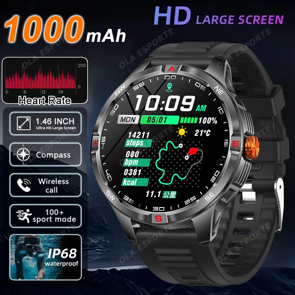 

Мужские умные часы с Bluetooth-звонком, мониторинг сердечного ритма, сна, умные часы, компас, 100 + спортивные режимы, фитнес-часы, 1000 мАч, большая батарея