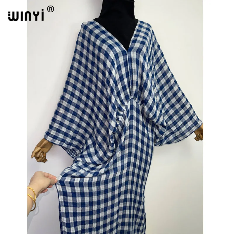 WINYI winter women 2022 Vintage Chic Double plaid printing Comfort Warm fashion kaftan Elegant Africa holiday party long dress