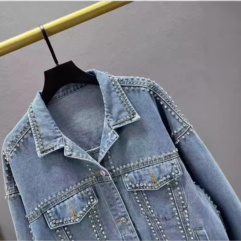 Rhinestone Beading Denim Jacket for Women Fashionable High Street Autumn Jackets Loose Lapel Female Shiny Coat 2025 New