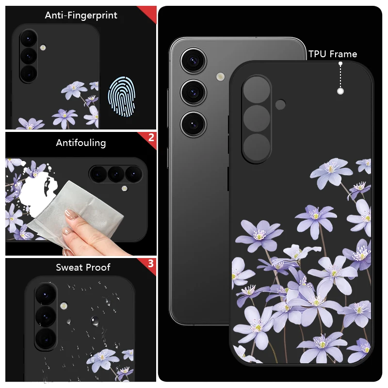 Purple Flower Pattern Lanyard Case For Samsung Galaxy S25 S22 S23 Ultra S23 S24 FE A55 A56 A53 A54 A35 A26 A15 A16 Soft Cover