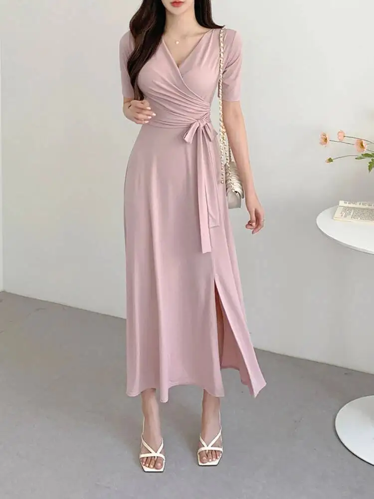 المرأة أنيقة مكتب فستان طويل الصيف مثير الخامس الرقبة قصيرة الأكمام عالية الخصر ضمادة فساتين السيدات الصلبة عادية الكورية رداء طويل