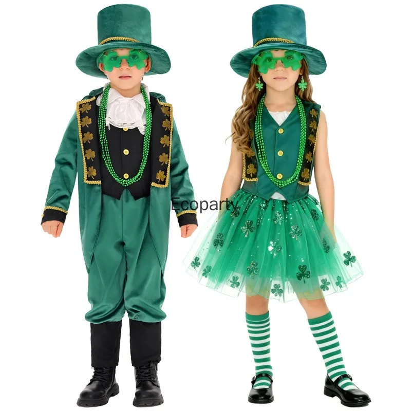 أيرلندا عيد القديس باتريك زي لصبي الفتيات الأيرلندية الجني الأخضر فستان بتصميم حالم الزي الأطفال هالوين كرنفال ملابس للحفلات
